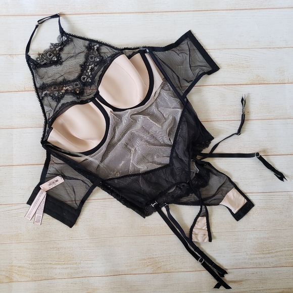 Victoria's Secret Dream Angels Chantilly Lace High Neck Thong Bodysuit Garter - Picture 10 of 14